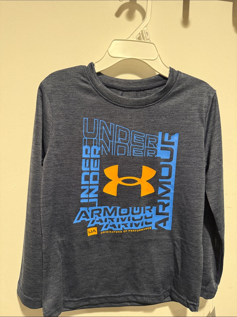 Under Armour Gray Long-Sleeve Tee with Blue Text & Orange Logo